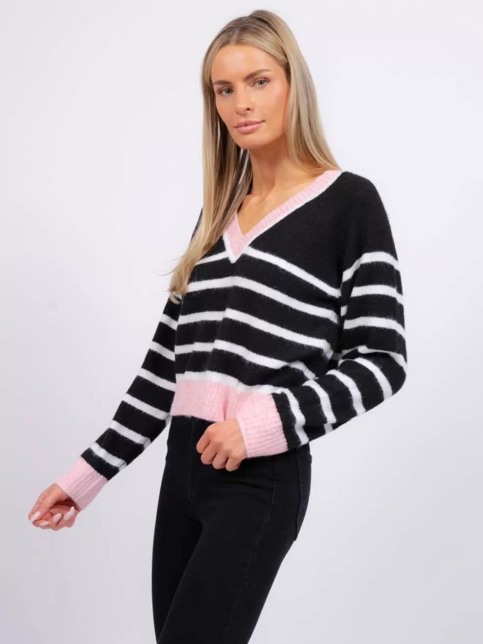 Fashion Bobbie Stripe V-Neck Women Sweaters