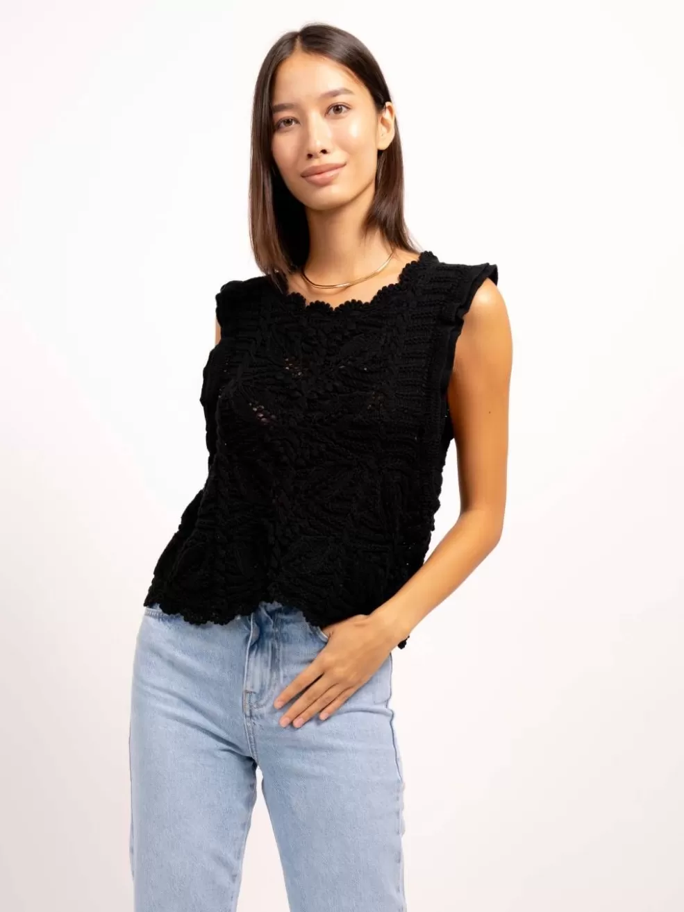 Clearance Edith Ruffle Sleeve Pointelle Top Women Tops