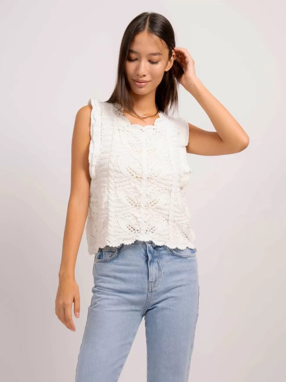 Clearance Edith Ruffle Sleeve Pointelle Top Women Tops