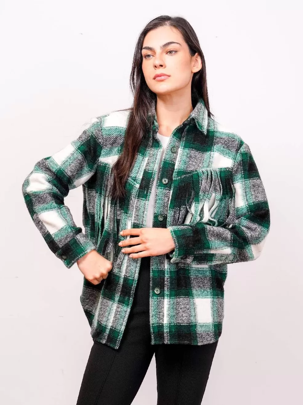 Shop Johnnie Plaid Fringe Coat Women Jackets