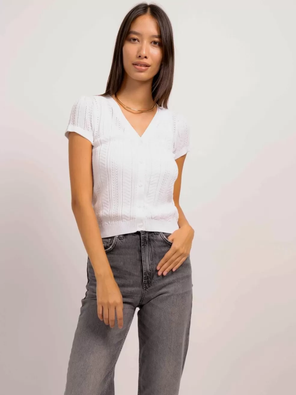 Online Louis Tight Pointelle Button Up Women Tops